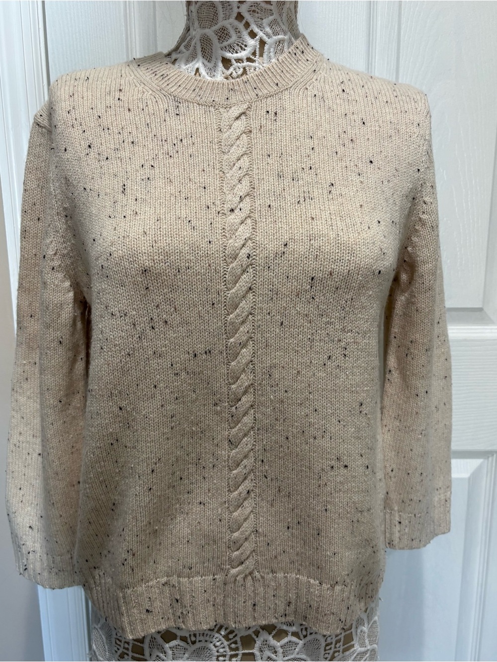 Theory Cream Speckled Cable-Center Crewneck Sweater
